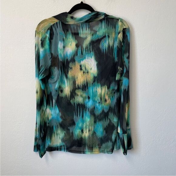 WOMENS LONG SLEEVE TOP BUTTON UP RUCHED TIE DYE SEMI SHEER FUTURE COLLECTIVE M - Picture 2 of 10